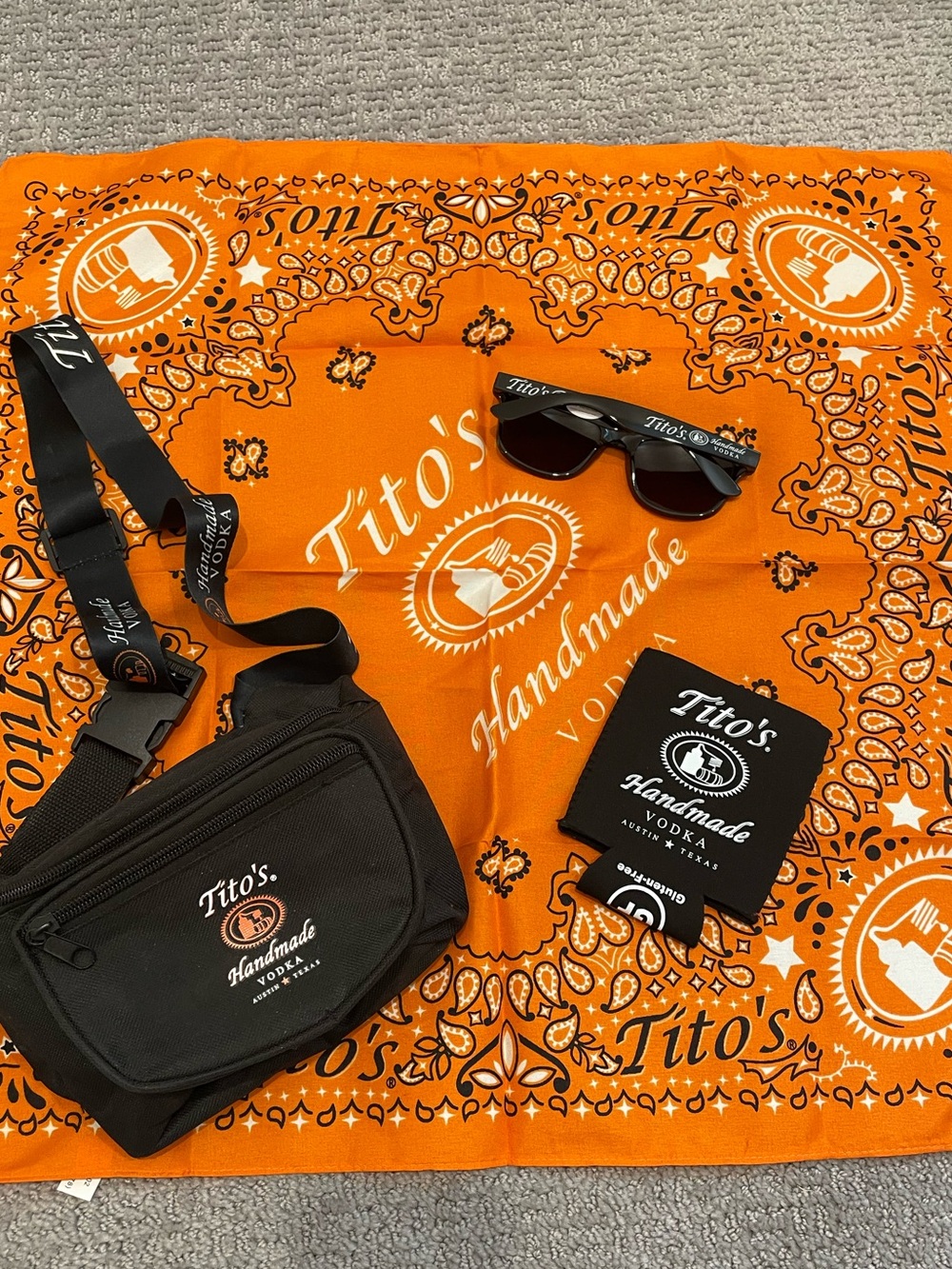 Tito’s Vodka Bandana, Sling Bag, Sunnies, & Can Cozie Set; 4 items; NEW; unisex